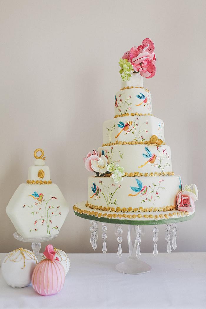 Hand painted bird wedding cake