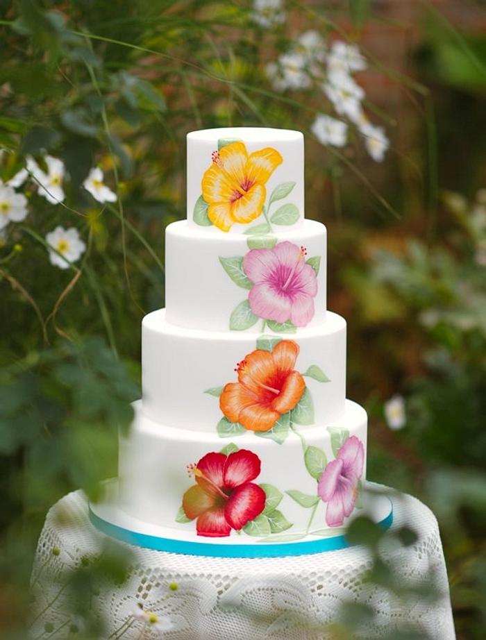 Hand painted Hibiscus wedding cake