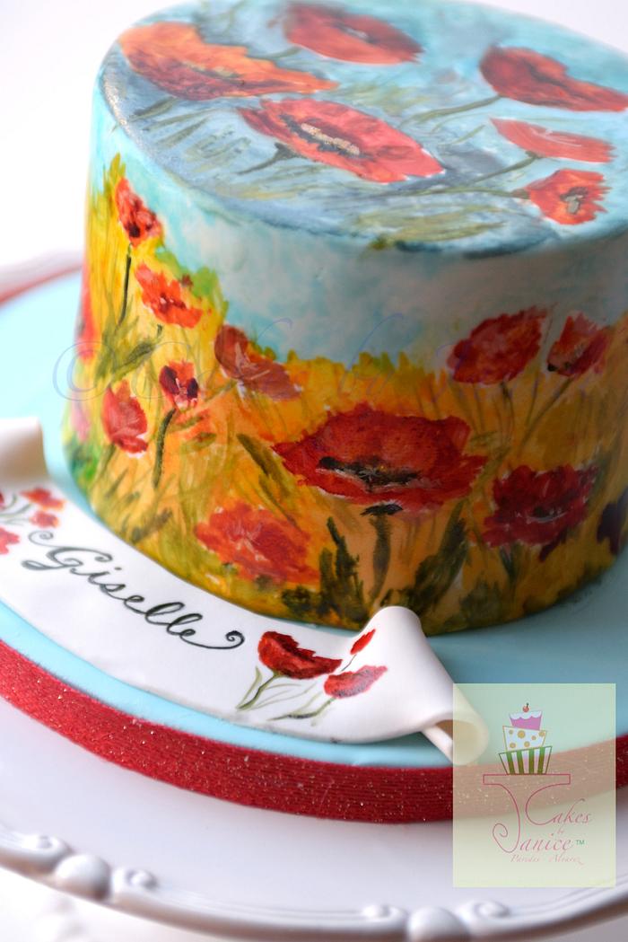 Field of poppies hand painted cake