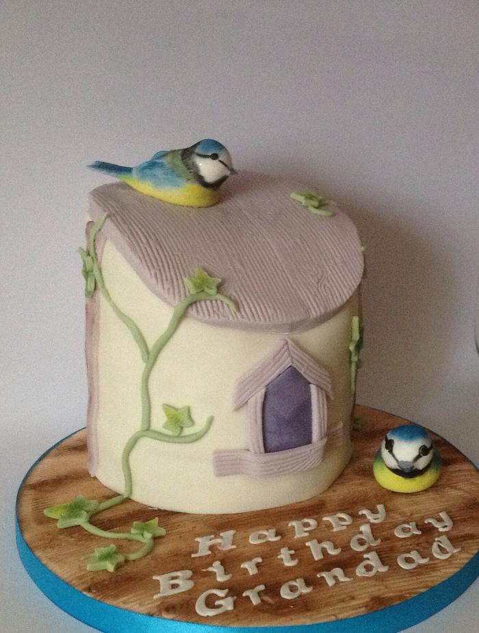 Birdhouse and blue tits birthday cake