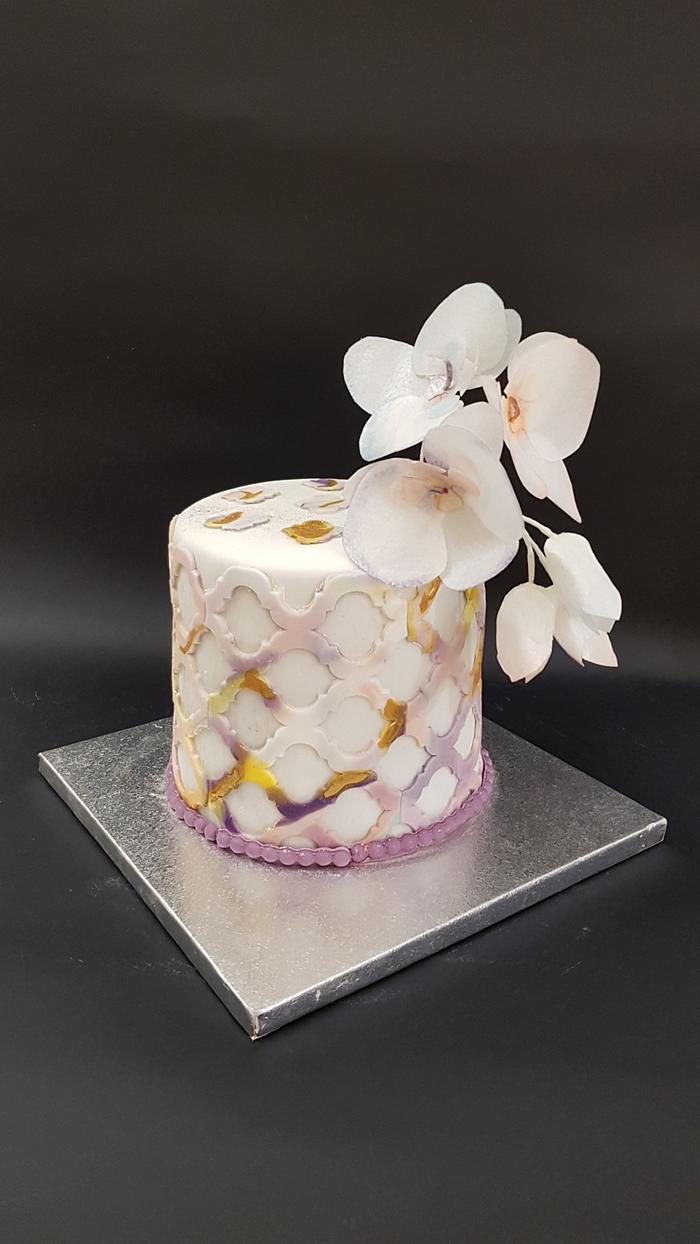 Marbled cake with rice paper orchids