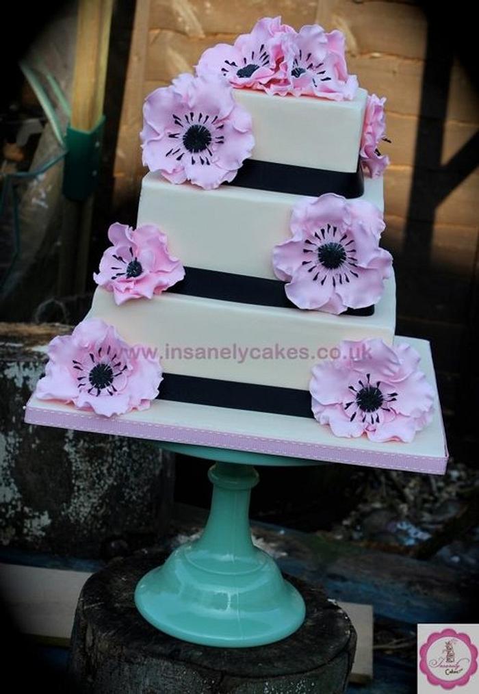 Ivory and Soft pink anemone 3tier wedding cake