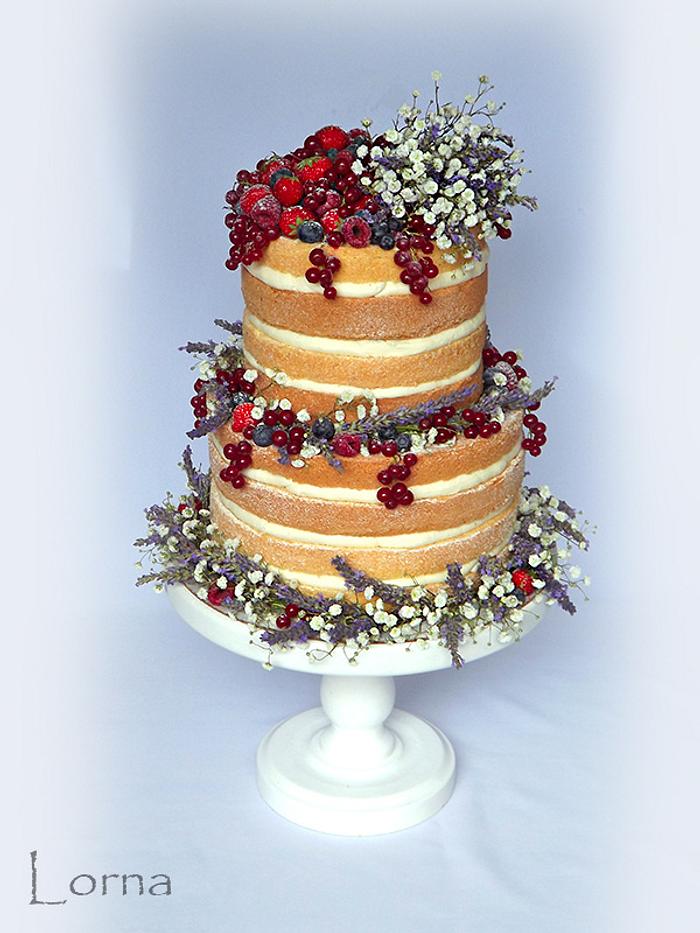Naked wedding cake with lavender