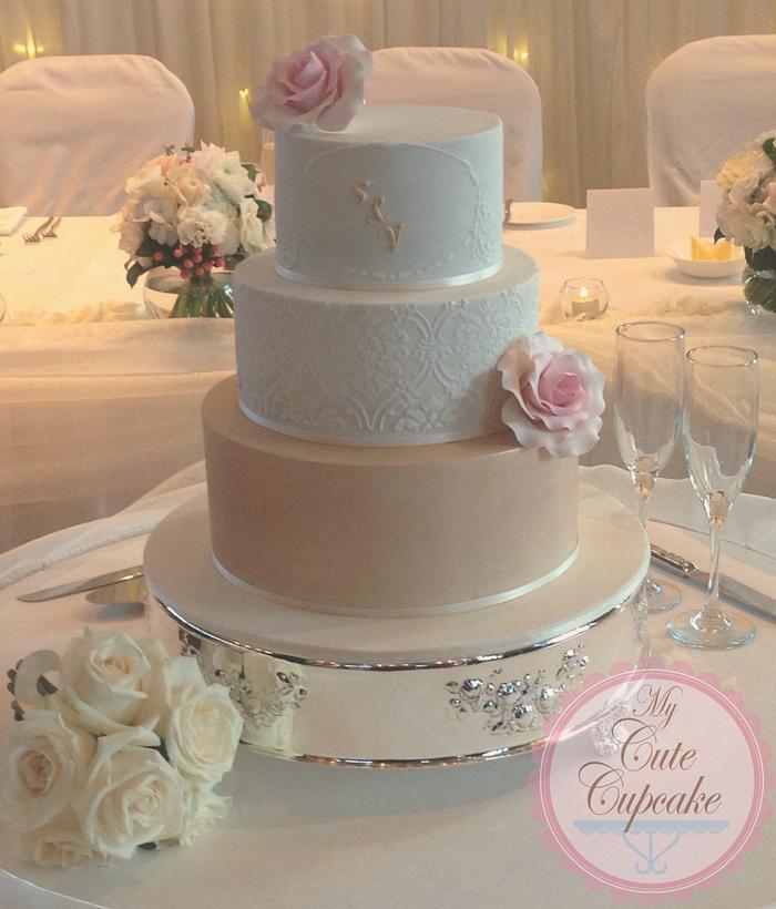 Ivory, Gold and Blush Pink Damask Wedding Cake