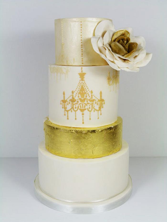  Gold leaf and Chandelier wedding cake