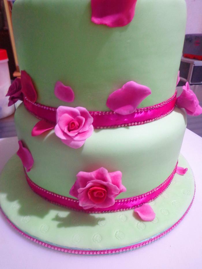 Mint Green and Hot Pink Wedding Cake