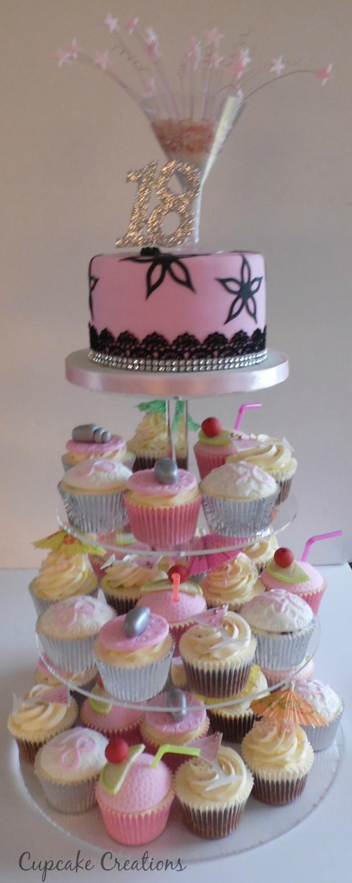 18th Cocktail themed cupcake tower