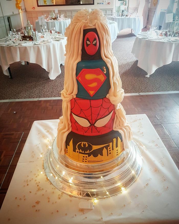 Super hero reveal wedding cake