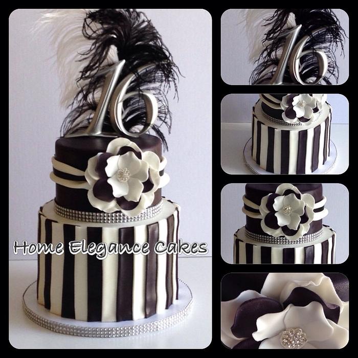 A chic black and white sweet 16 birthday cake