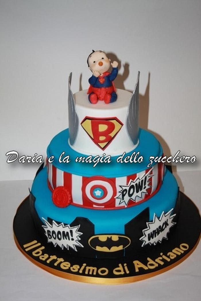 Baby superheroe baptism cake