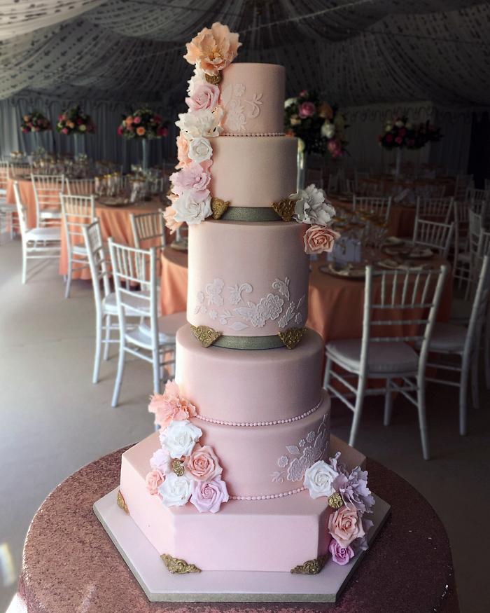 Blush floral & lace tiered wedding cake