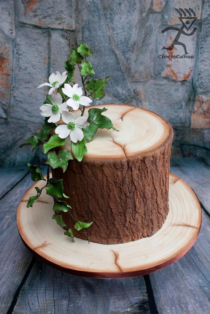 Realistic Wood Effect cake with sugarpaste Ivy & Dogwood flowers