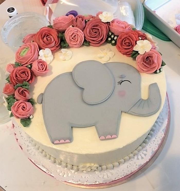 Elephant and roses baby girl shower cake