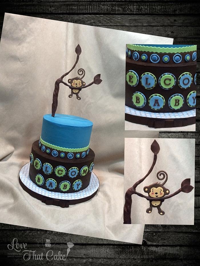 Monkey Boy theme baby shower cake