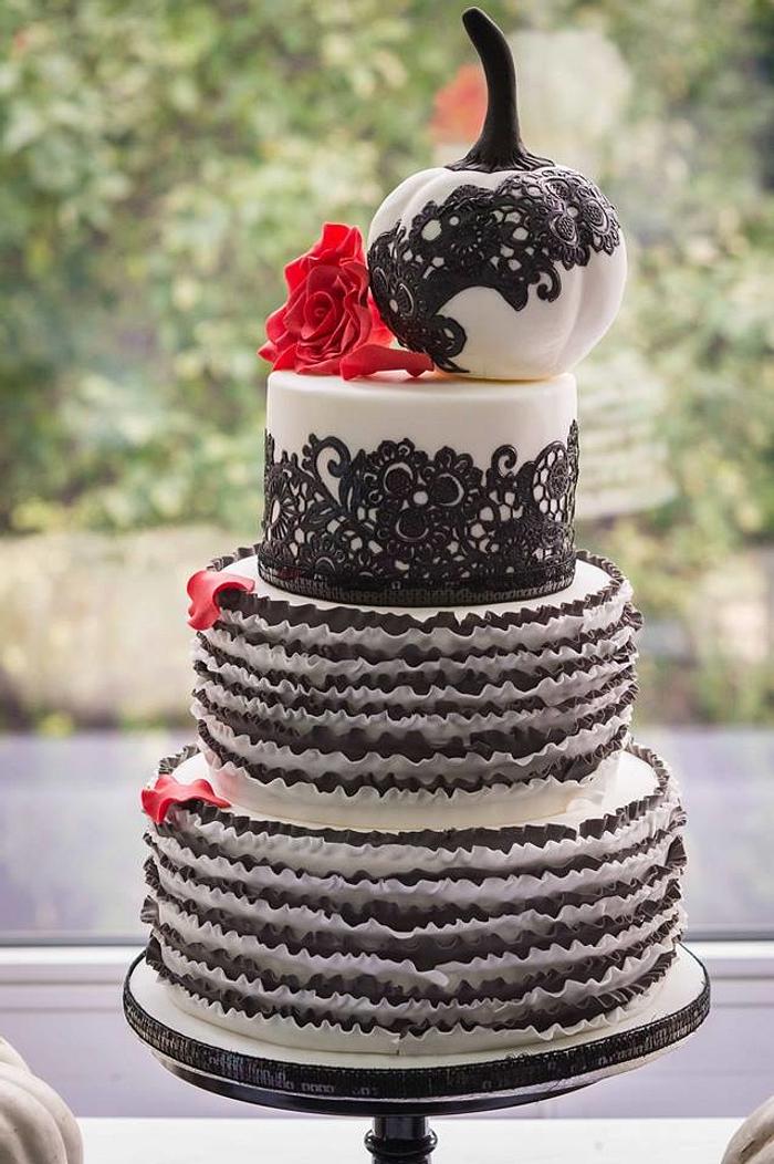Black and white ruffle cake with white pumpkin, Gothic style