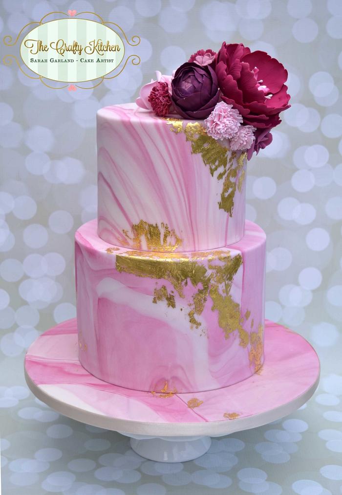 L - Pink Marbled Floral 4 Tier - Designer Cakes by Paige