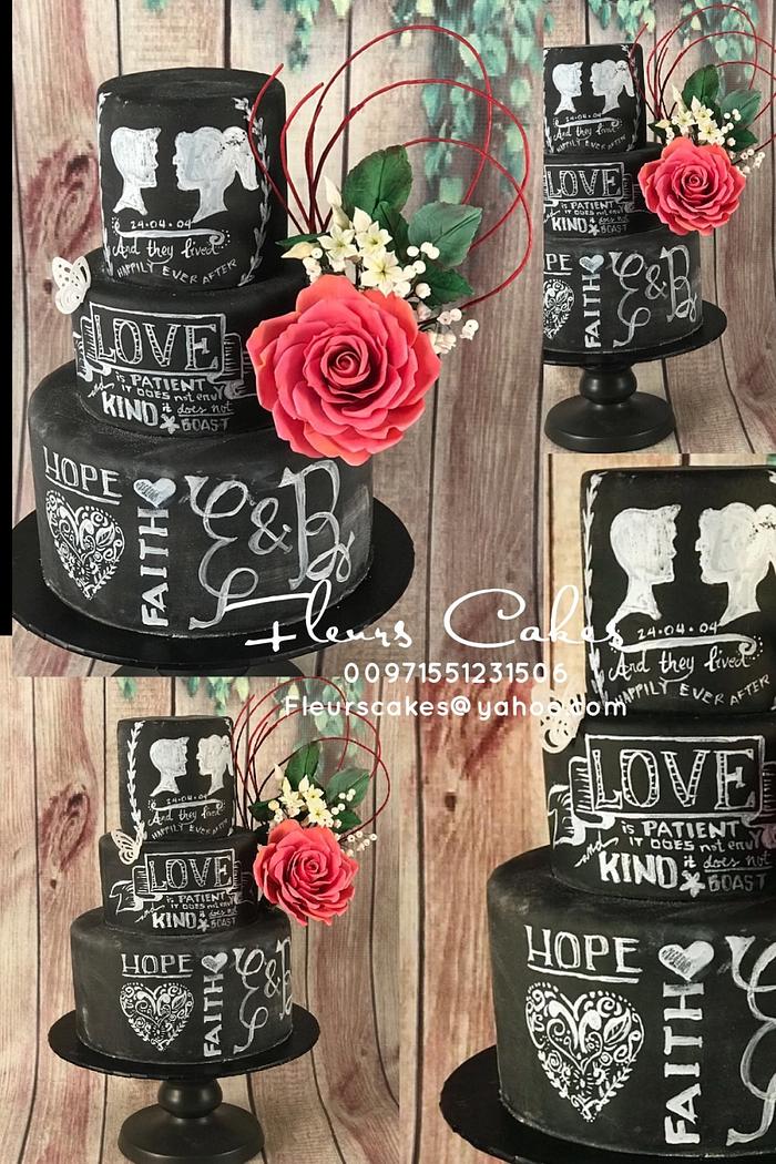 Chalkboard cake with sugar flowers