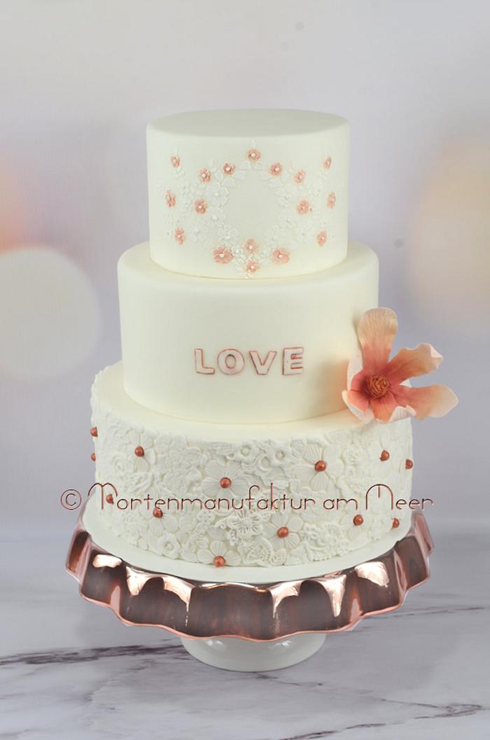 Wedding Cake decorated in Copper with Magnolia Flower