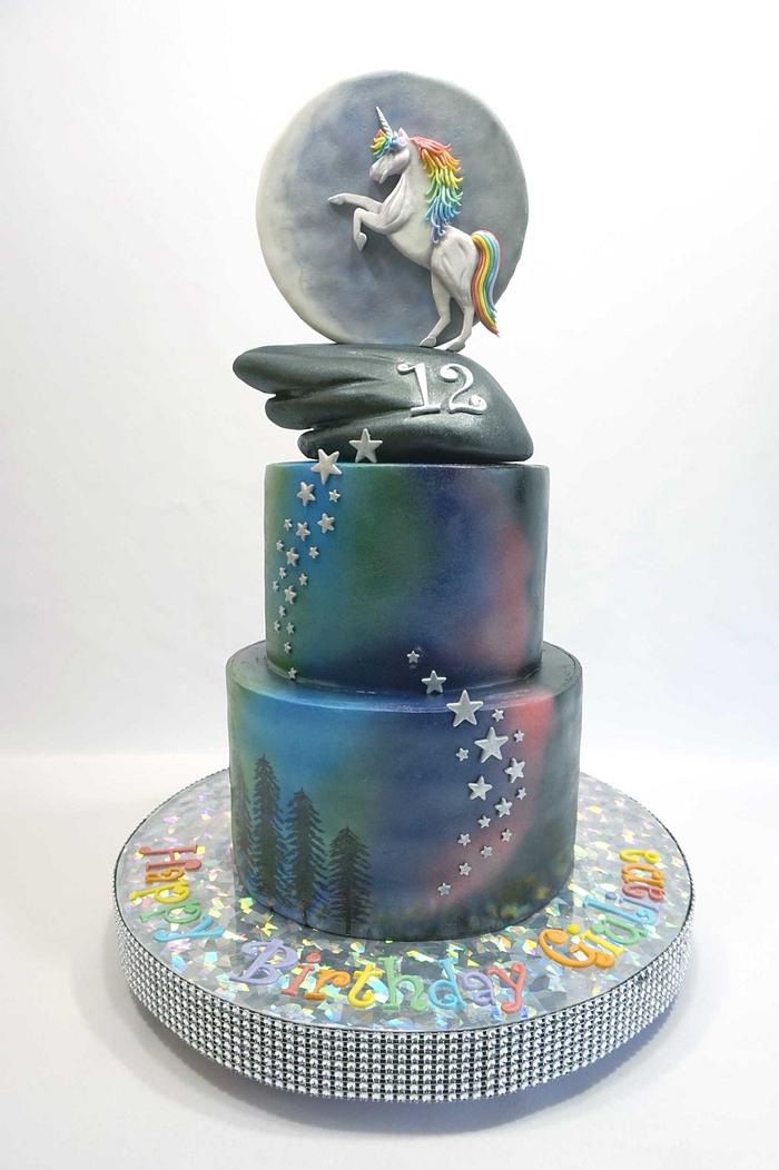 Unicorn Cake with Aurora Night Sky