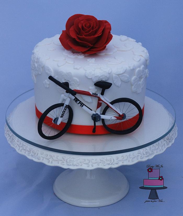 White and red with bicycle