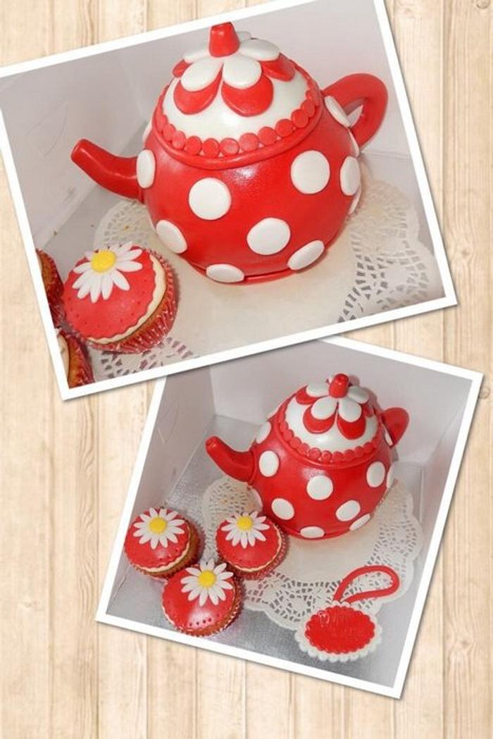 Red and white polka dot teapot cake