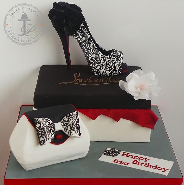 Louboutin high heel fondant shoe, purse & wafer paper flowers made by tante pollewop.com