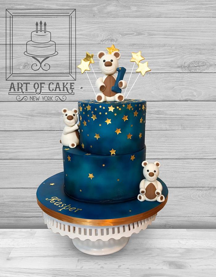 Midnight Stars Teddy Bears Boy 1st Birthday Cake