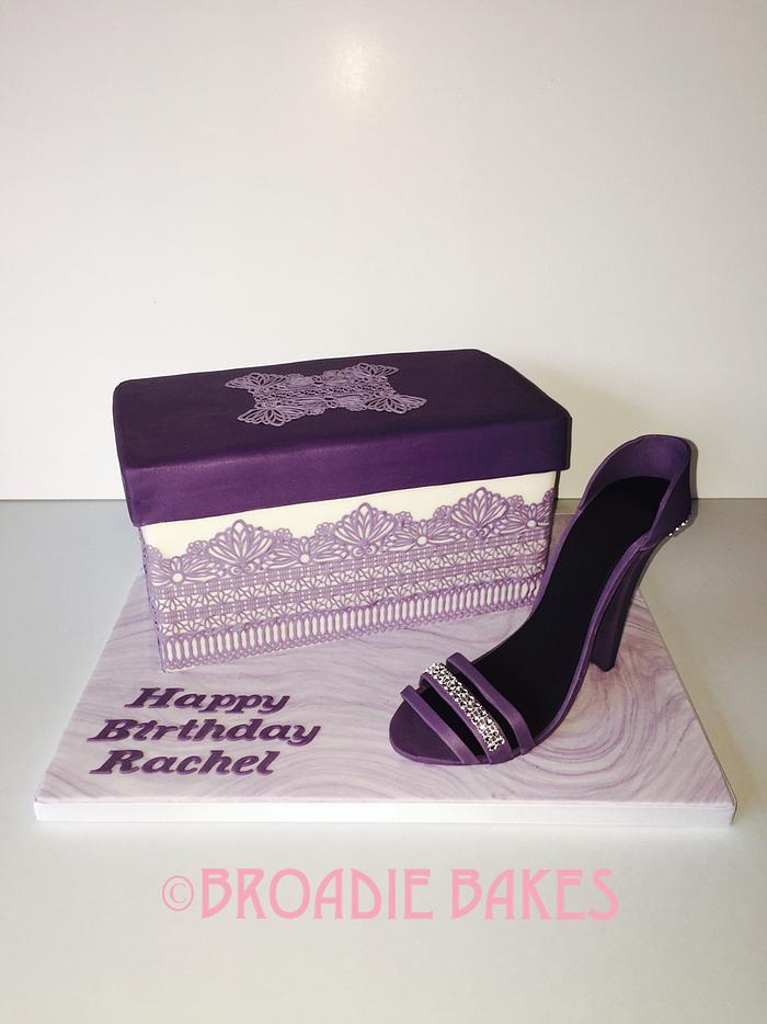 Purple lace shoebox cake and shoe
