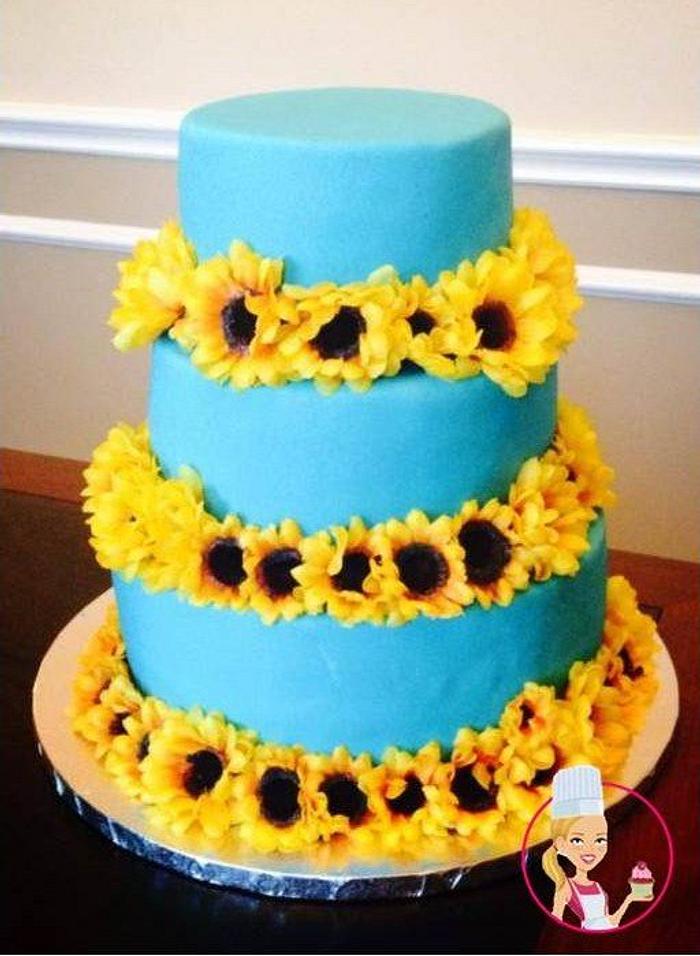 Blue cake with sunflowers