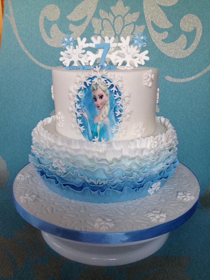 Frozen ruffle and snowflakes cake