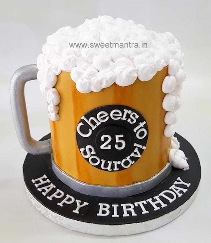 Beer mug shaped 3D fondant cake for boys 25th birthday
