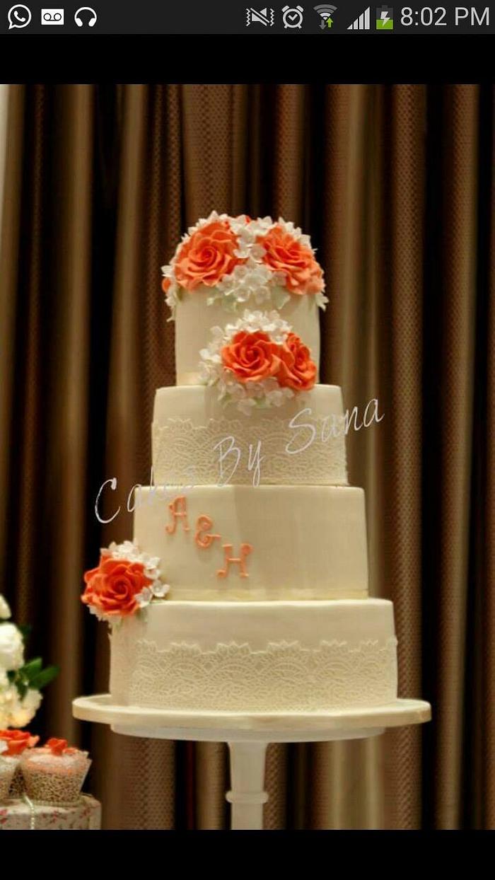Peach and white Wedding cake