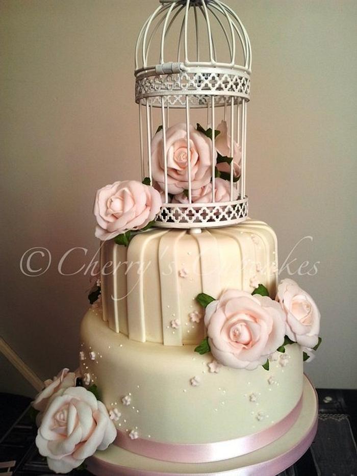 Ivory & Pink Vintage Birdcage Wedding Cake