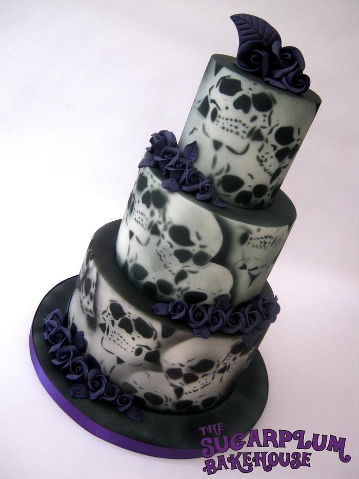 3 Tier Purple Roses & Airbrushed Skull Wedding Cake