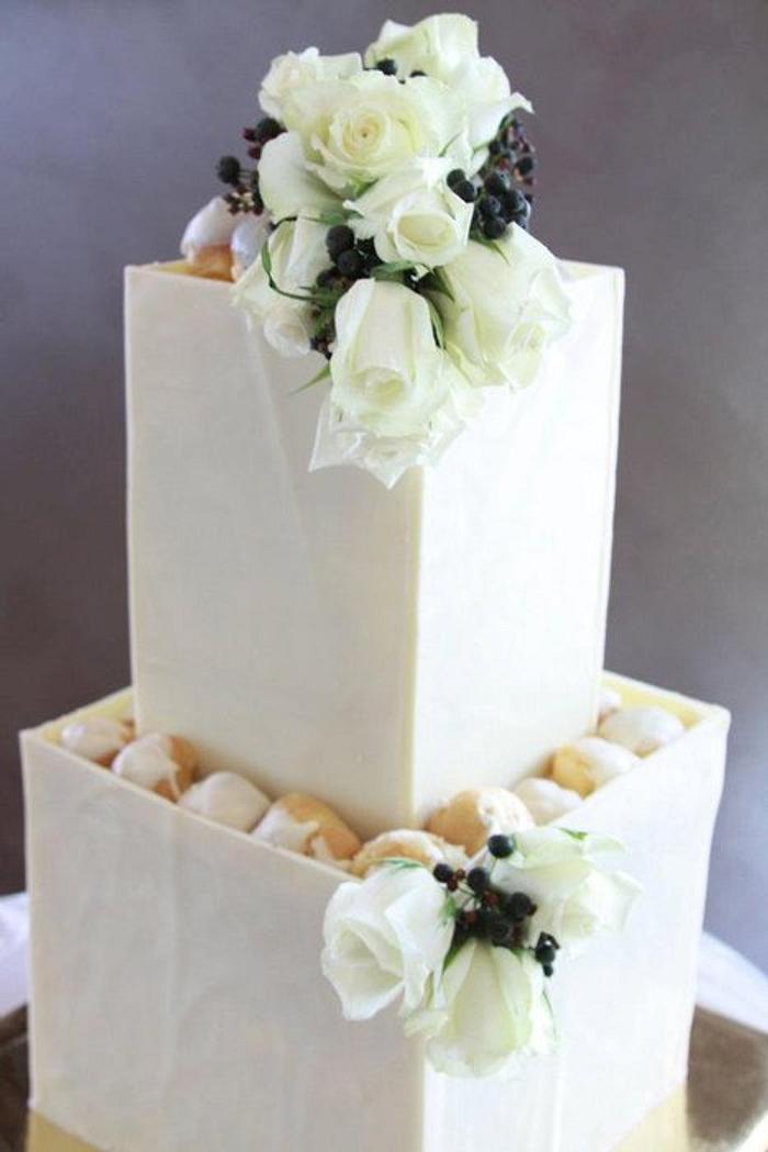 profiterole filled chocolate box wedding cake