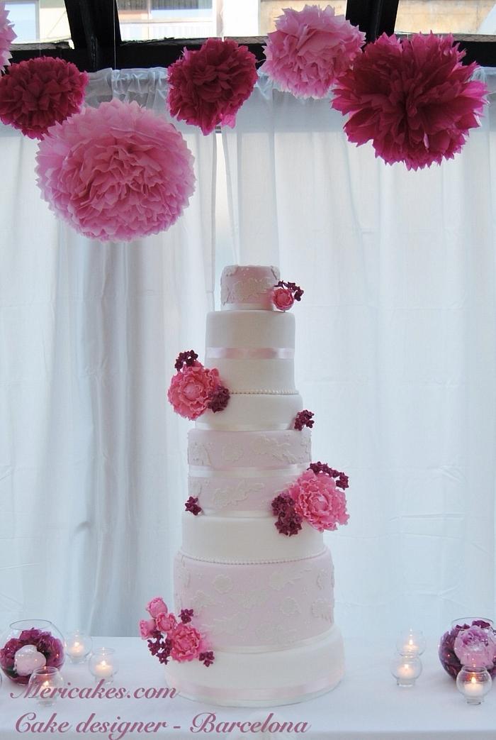 Peony and Lace wedding cake