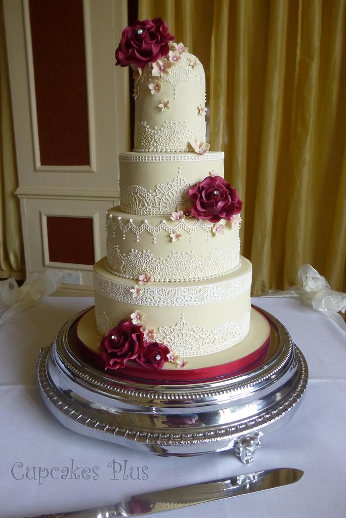 Lace and rose wedding cake