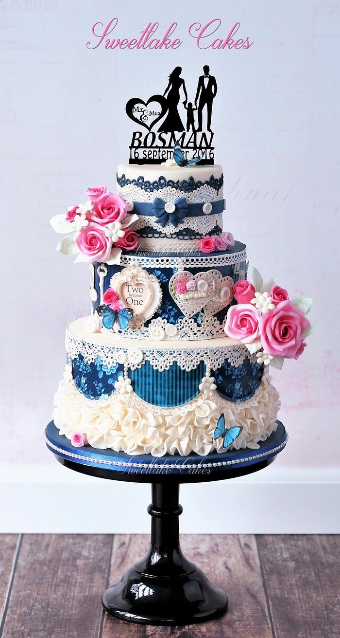 Blue shabby chic wedding cake