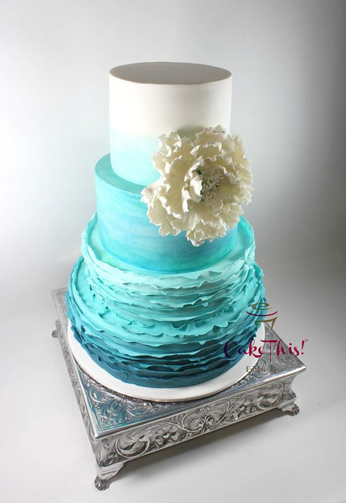 Turquoise Ombre Frilled Wedding Cake