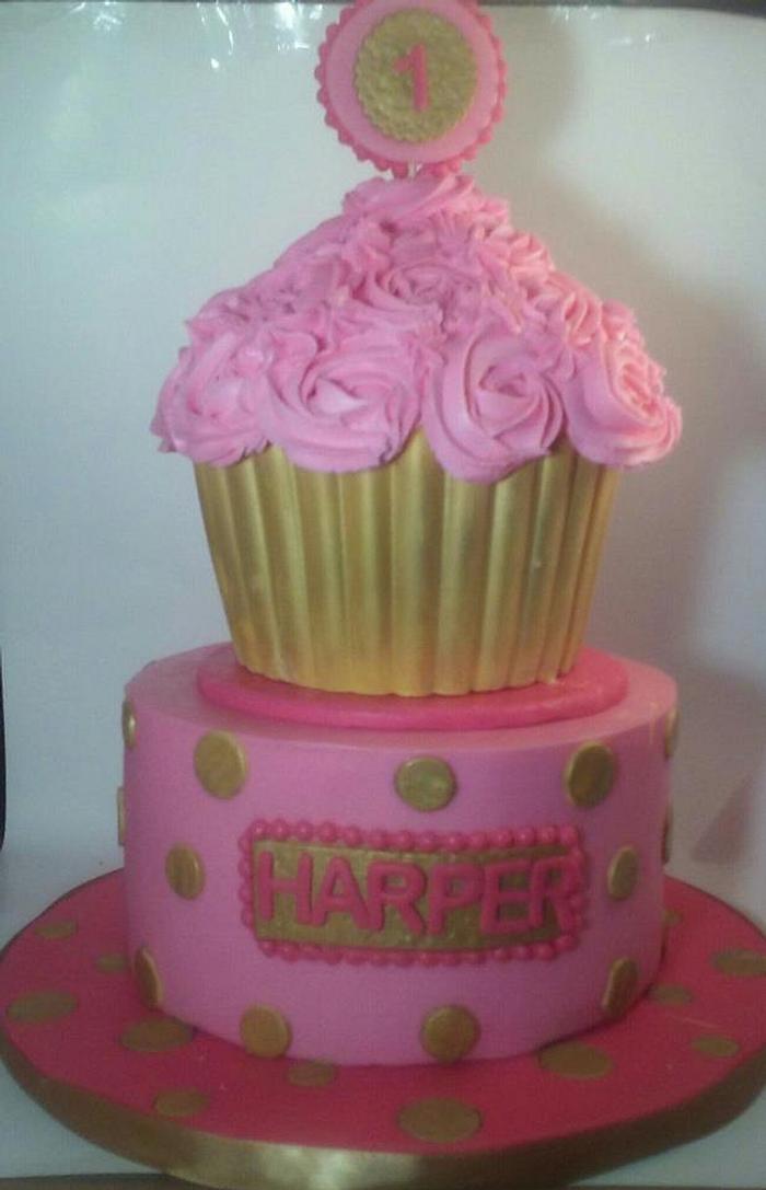 1 Year Pink and Gold Birthday Giant Cupcake