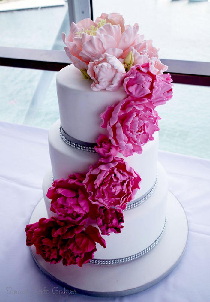 Ombre Cascading Sugar Peonies Wedding Cake