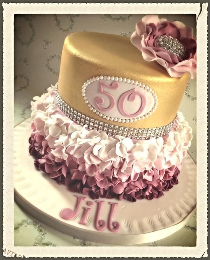 Gold and Pink ruffles & diamante cake