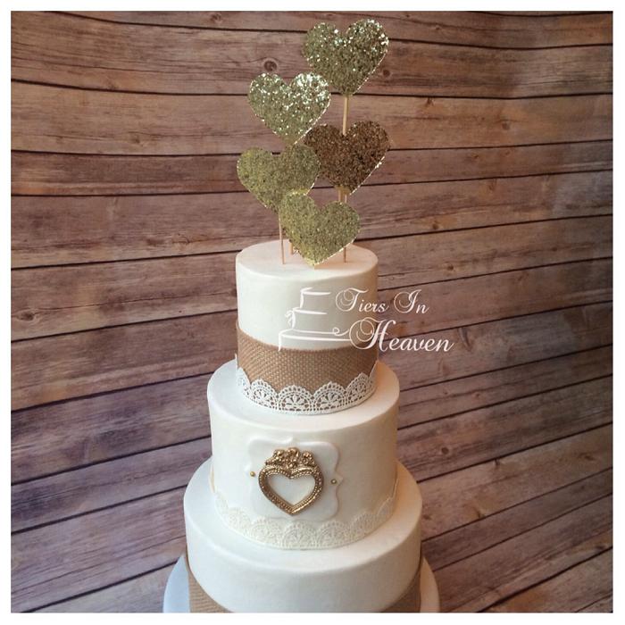 Burlap and lace wedding cake