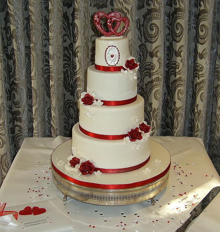 'Love' Red & White 4 Tier Wedding Cake