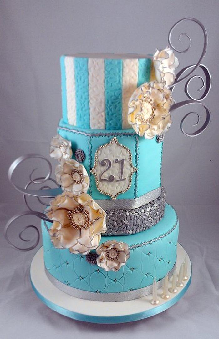 Tiffany blue, White and Silver Sequin 21st Cake