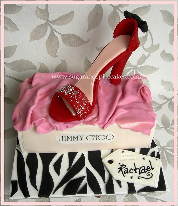 Jimmy Choo inspired open shoe box cake with fondant Stiletto - all edible