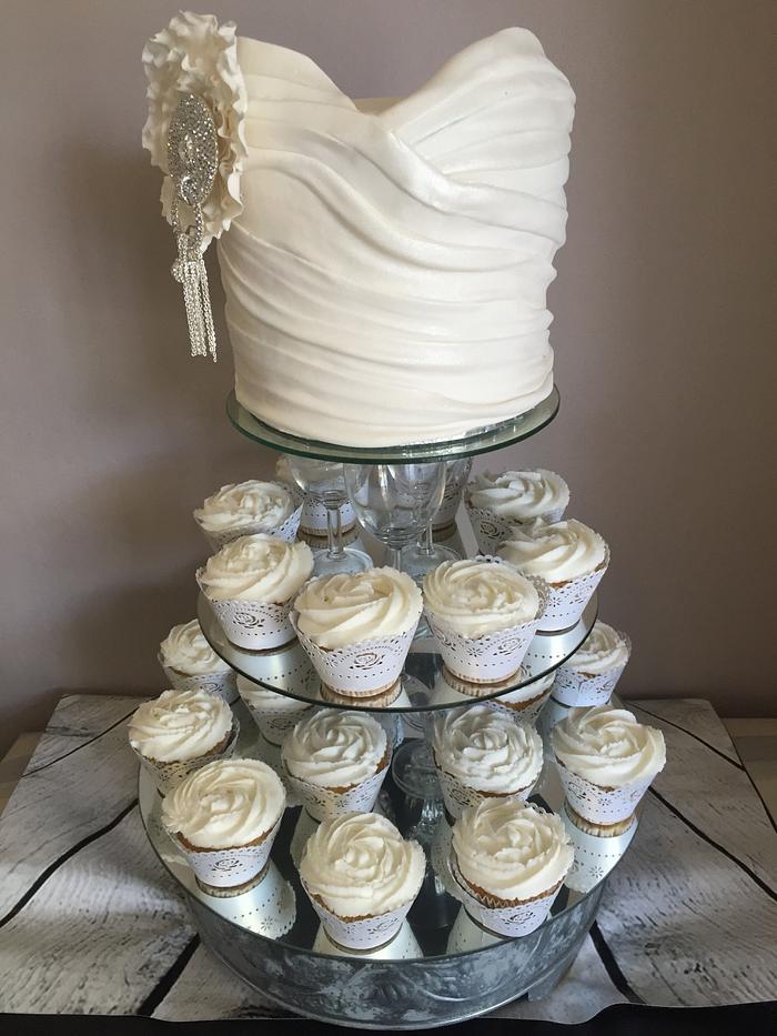 Bodice wedding cake and cupcakes