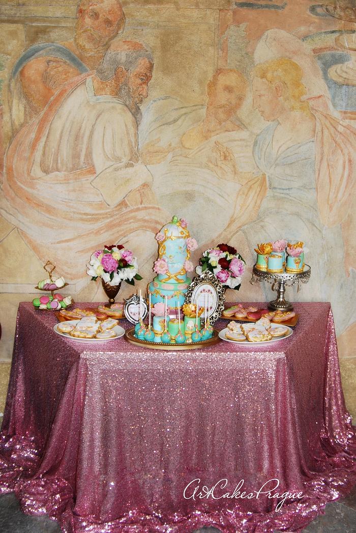 Baroque style Dessert table. Luxury Prague wedding
