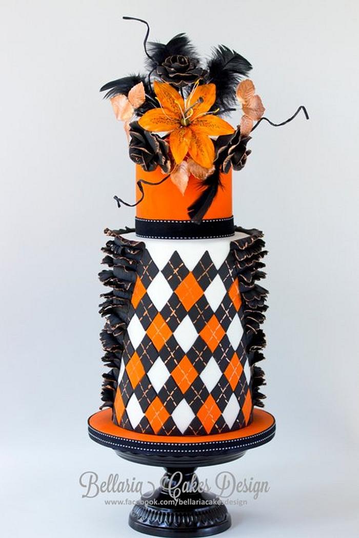 Black and orange Argyle inspired double barrel ruffles cake