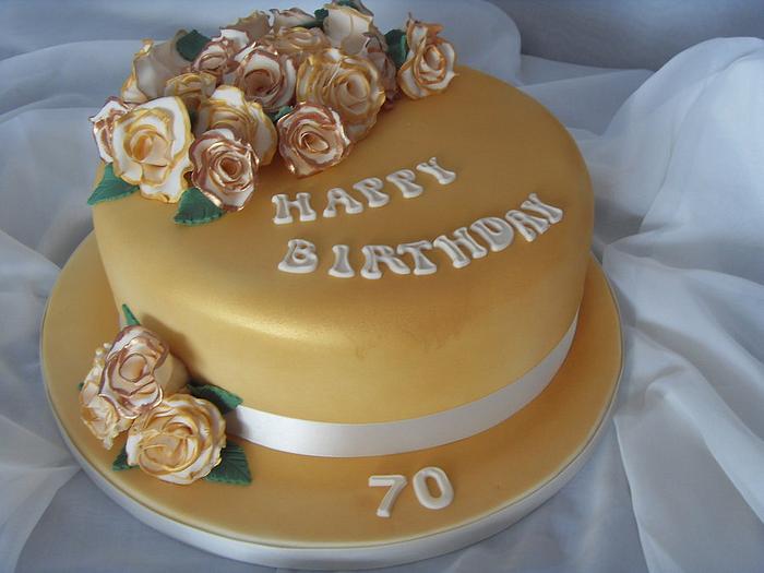 Cream & Gold Roses 70th Birthday Cake